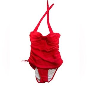 Red Ruched Halter One Piece Swimsuit Adjustable Bathing Suit Size XS